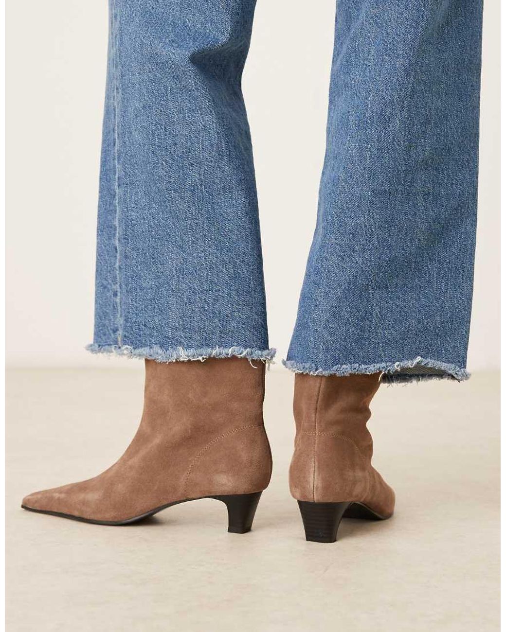 Mango Blue Suede Square Toe Low Heeled Boots