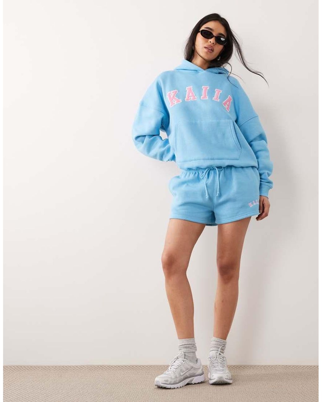 Kaiia Blue Cotton Rich Embroidered Logo Oversized Hoodie