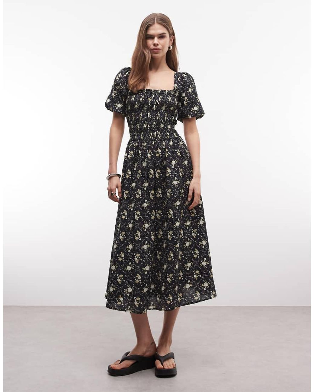 Daisy Street Black Shirred Maxi Dress With Puff Sleeves