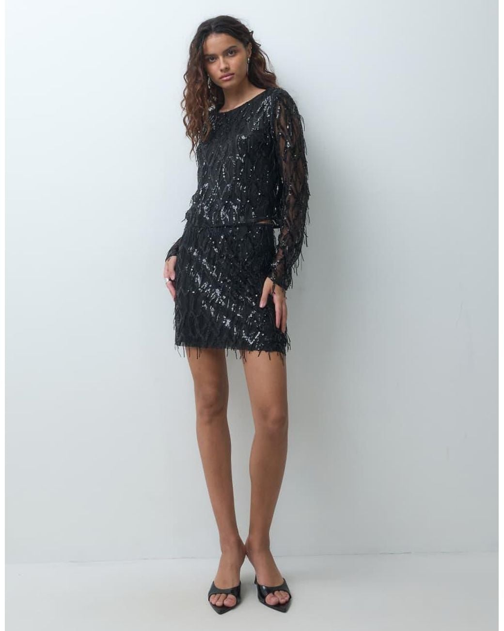 ONLY Black Cropped Long Sleeve Mesh Overlay Sequin Top Co-Ord