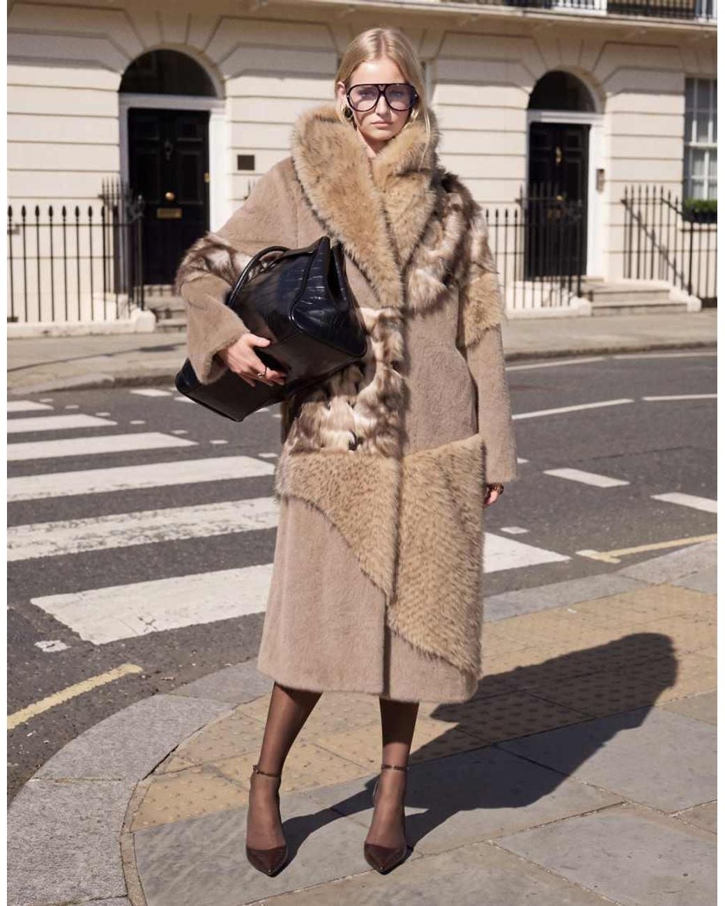 ASOS Brown Patched Longline Faux Fur Coat