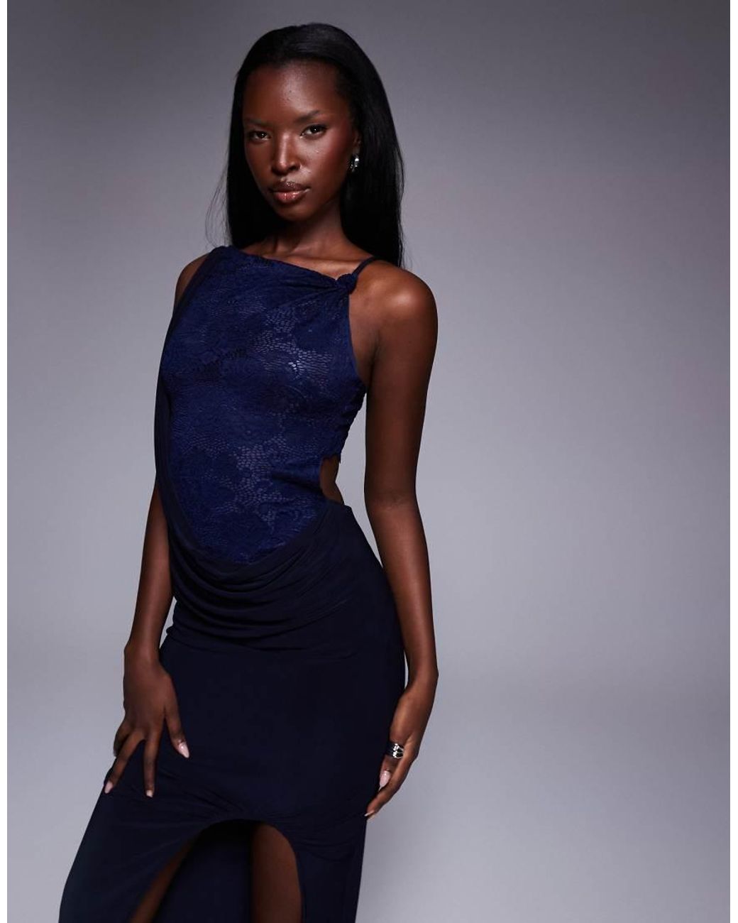 ASOS Blue High Neck Lace Panelled Draped Maxi Dress