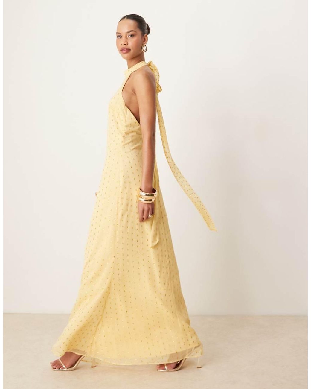 ANAYA Natural Foil Halter Neck Maxi Dress