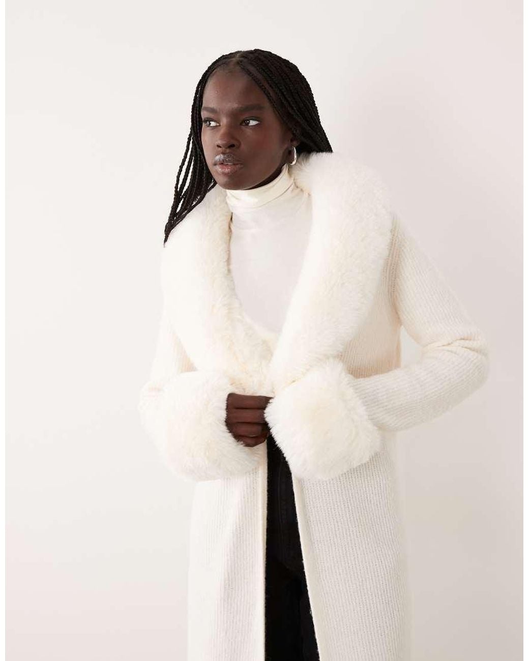 Miss Selfridge Natural Button Through Longline Cardigan With Fur Collar And Cuff