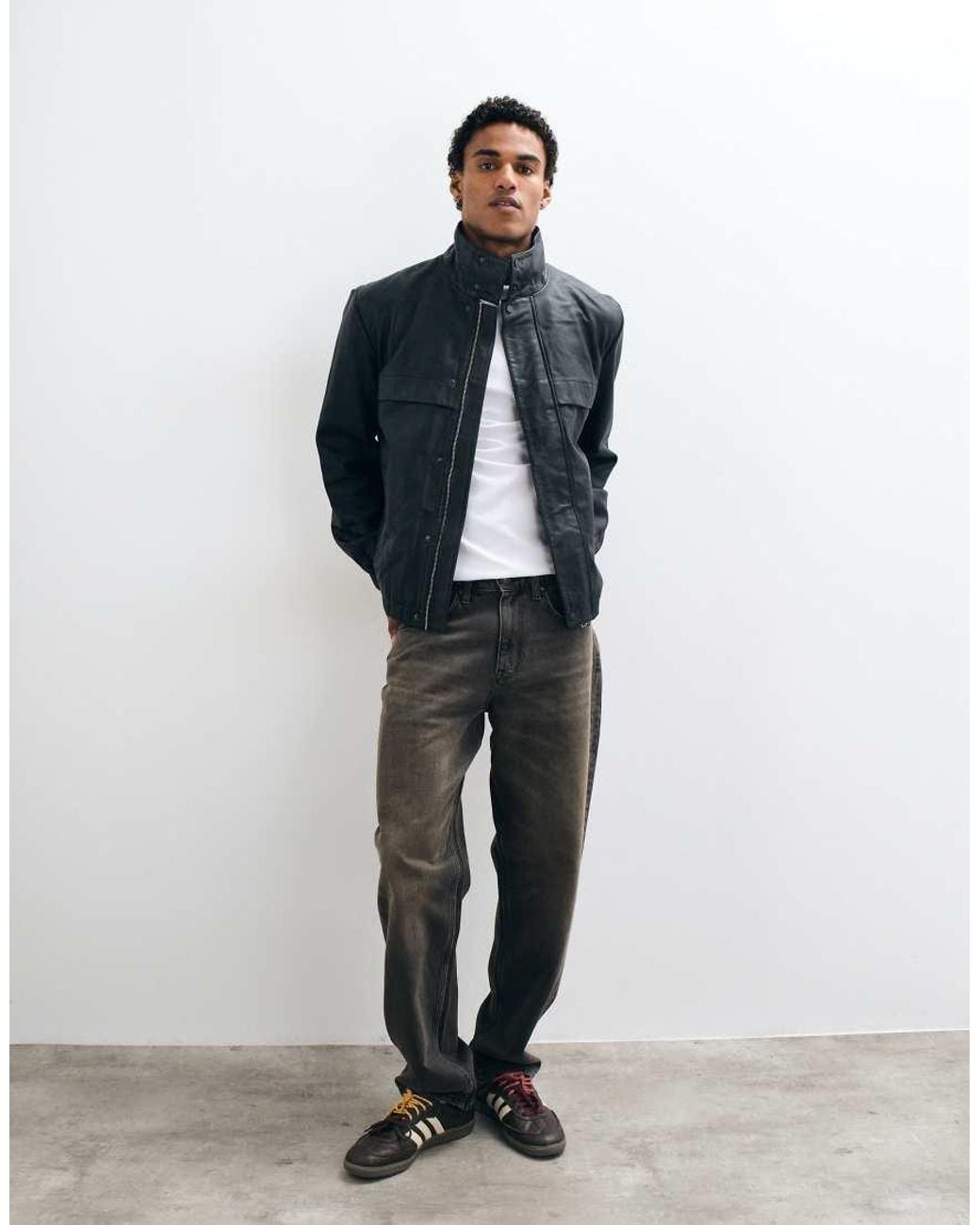 AllSaints Gray Stenton Funnel Neck Leather Jacket for men