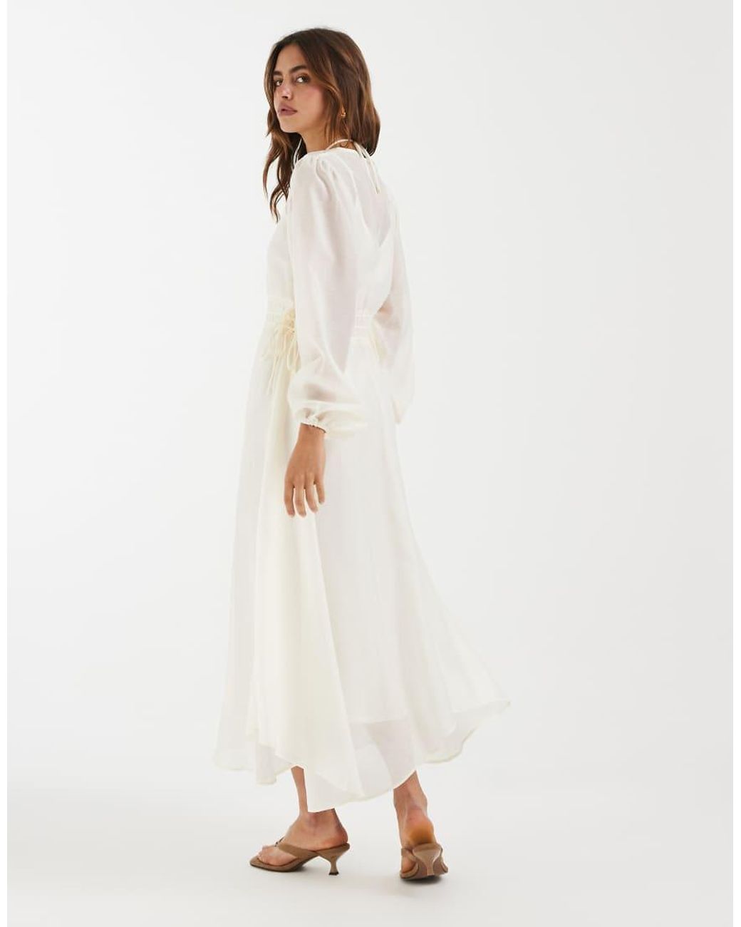 4th & Reckless White Chiffon Tie Front Balloon Sleeve Asymmetric Floaty Hem Midaxi Dress