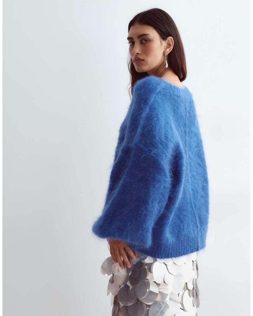 ARRANGE Blue Premium Oversized Mohair Rich V-neck Sweater