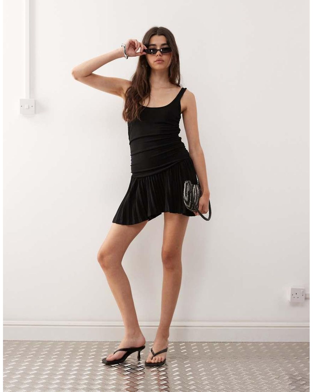 Lioness Natural Field Of Dreams Scoop Neck Ruched Bodice Pleated Hem Mini Dress