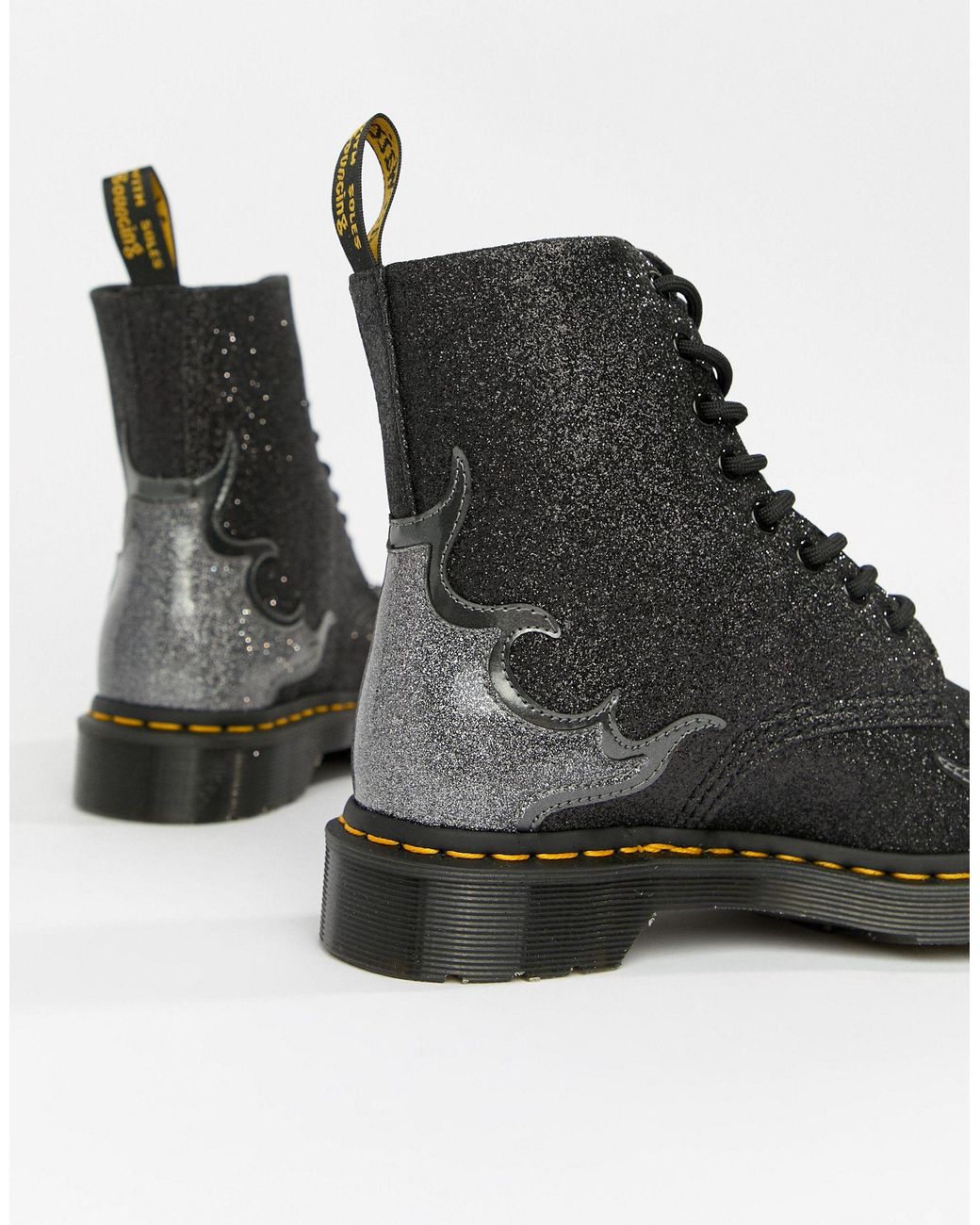 Dr. Martens 1460 Pascal Black Glitter Flame Flat Ankle Boots in Red | Lyst