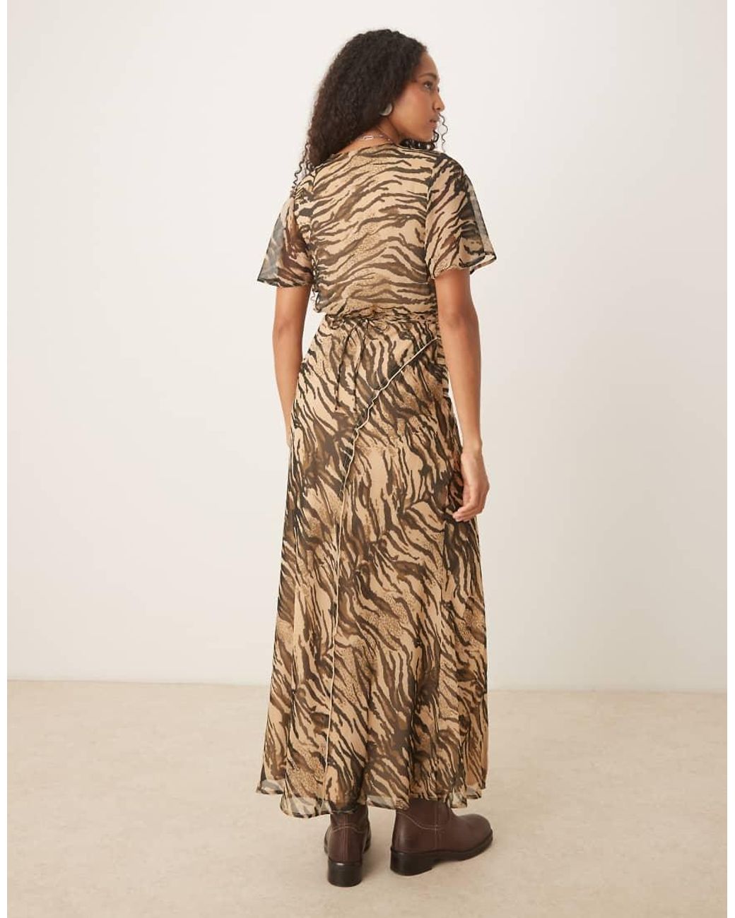 ASOS Brown Angel Sleeve Wrap Front Midi Dress With Seaming Details