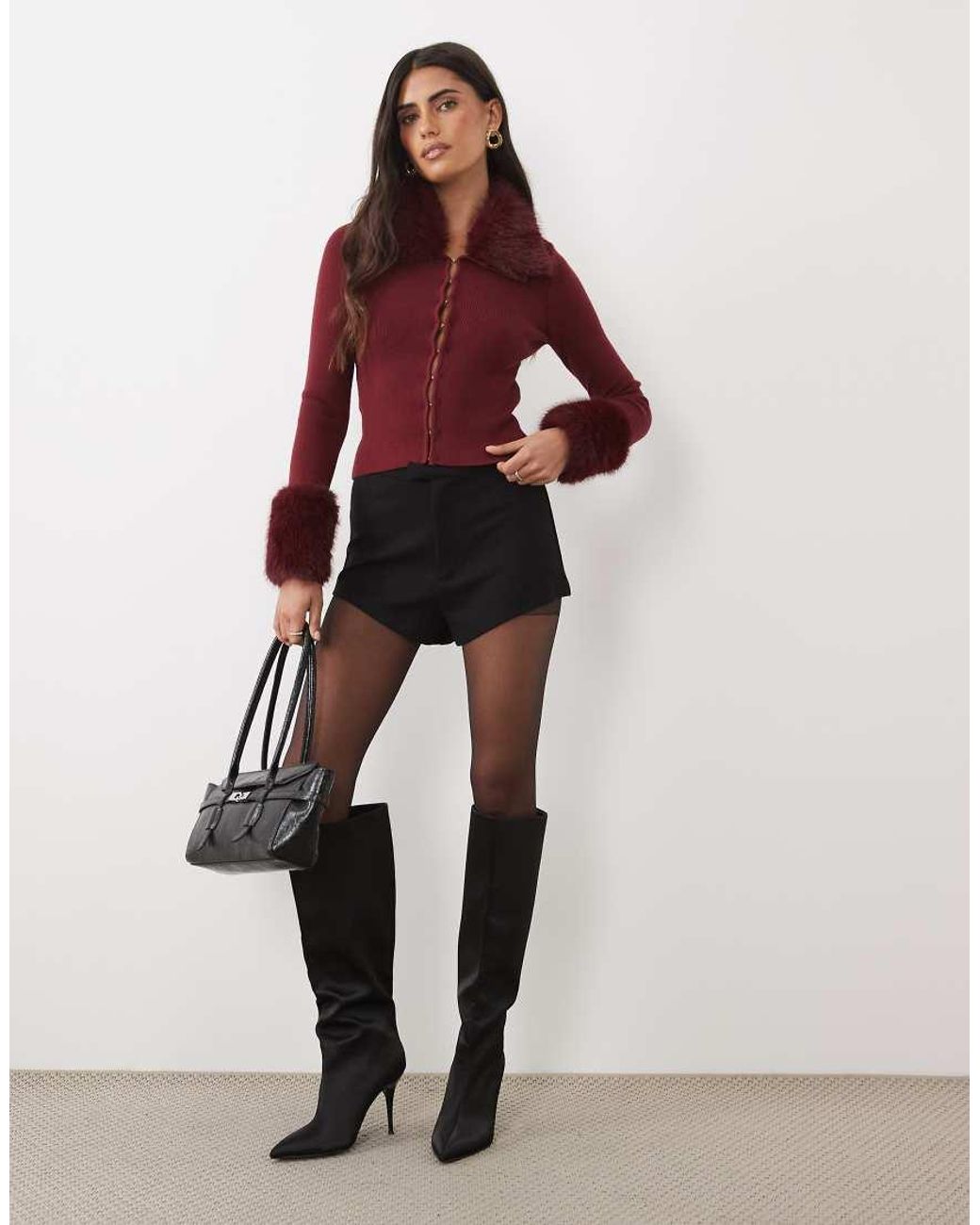 The Frolic Red Exclusive Knitted Faux Fur Collar & Cuff Cardigan