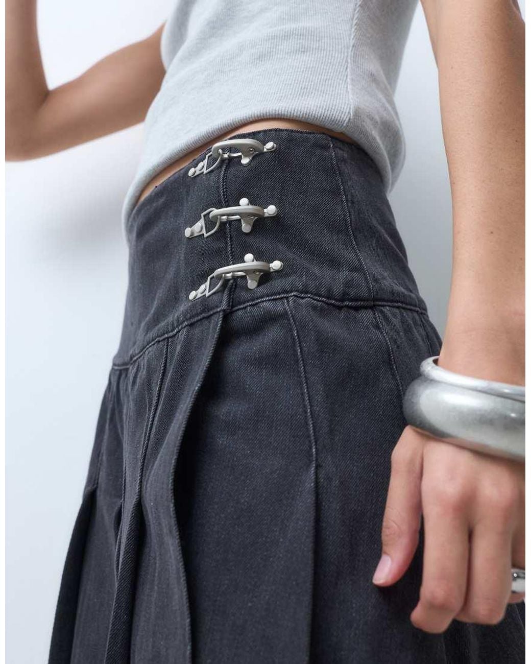 The Ragged Priest Blue Denim Kilt Midi Skirt