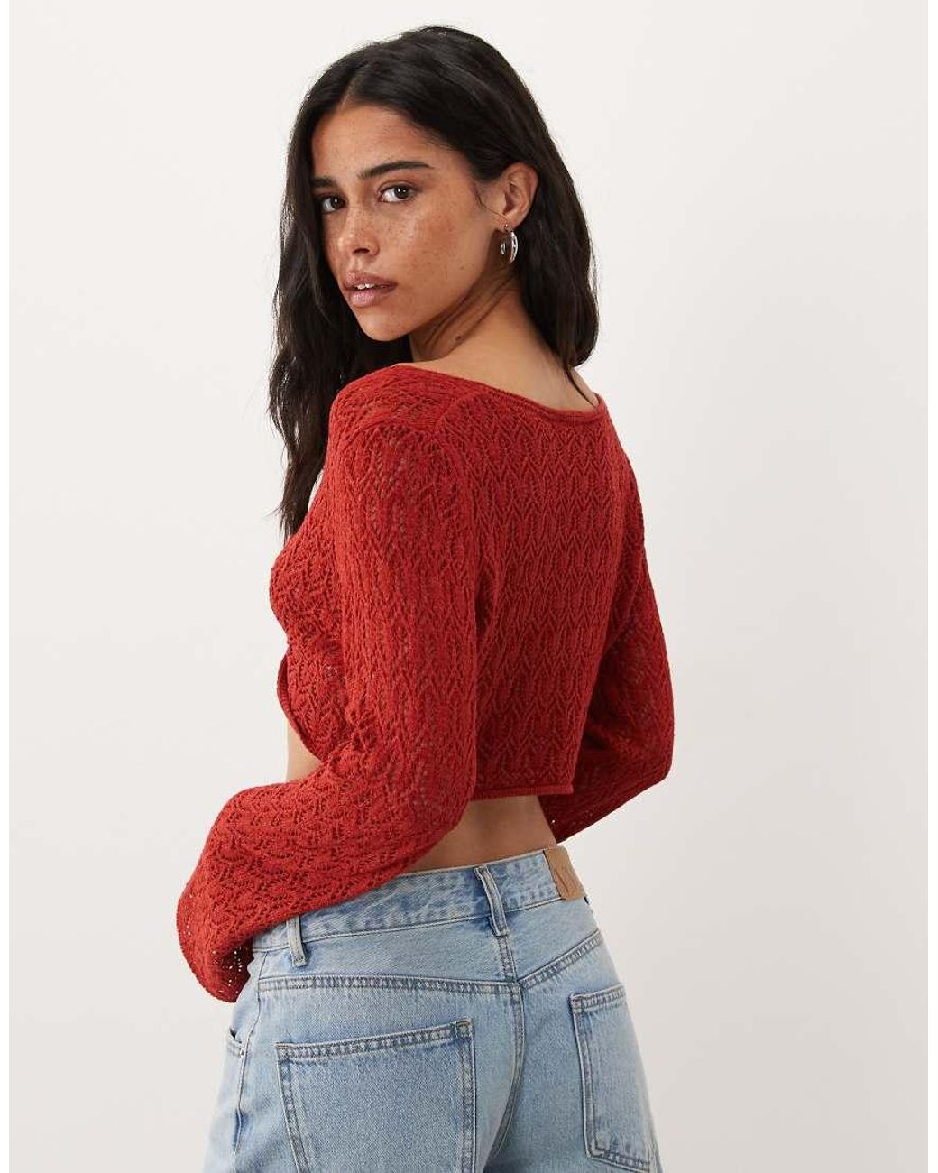 Miss Selfridge Red Crochet Twist Detail Long Sleeve Top