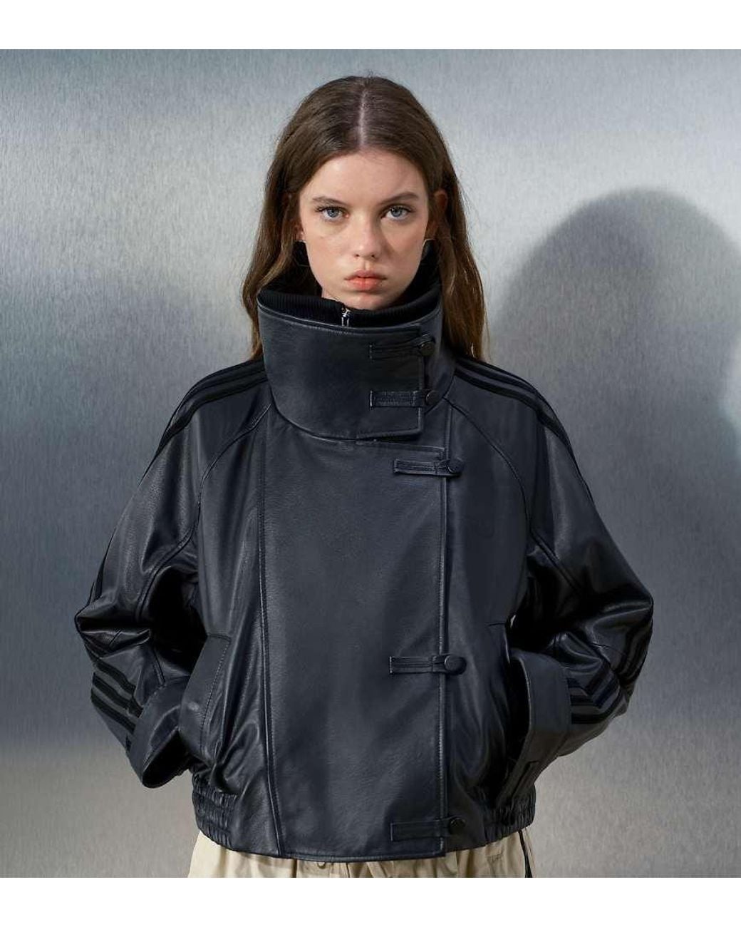 adidas Originals x ASOS Gray Oversized Leather Jacket With Funnel Neck And Rib Detail
