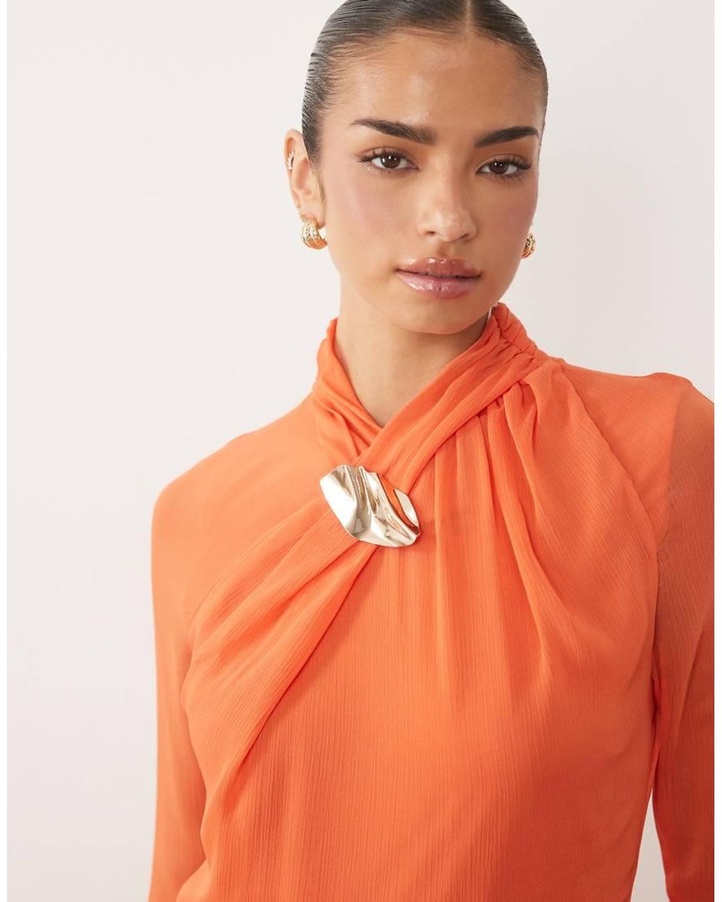 DASKA Orange Ruched Long Sleeve Maxi Dress With Gold Buckle Detail