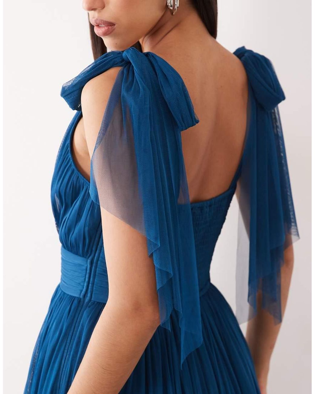LACE & BEADS Blue L Madison Tulle Bow Shoulder Plunge Neck Maxi Dress