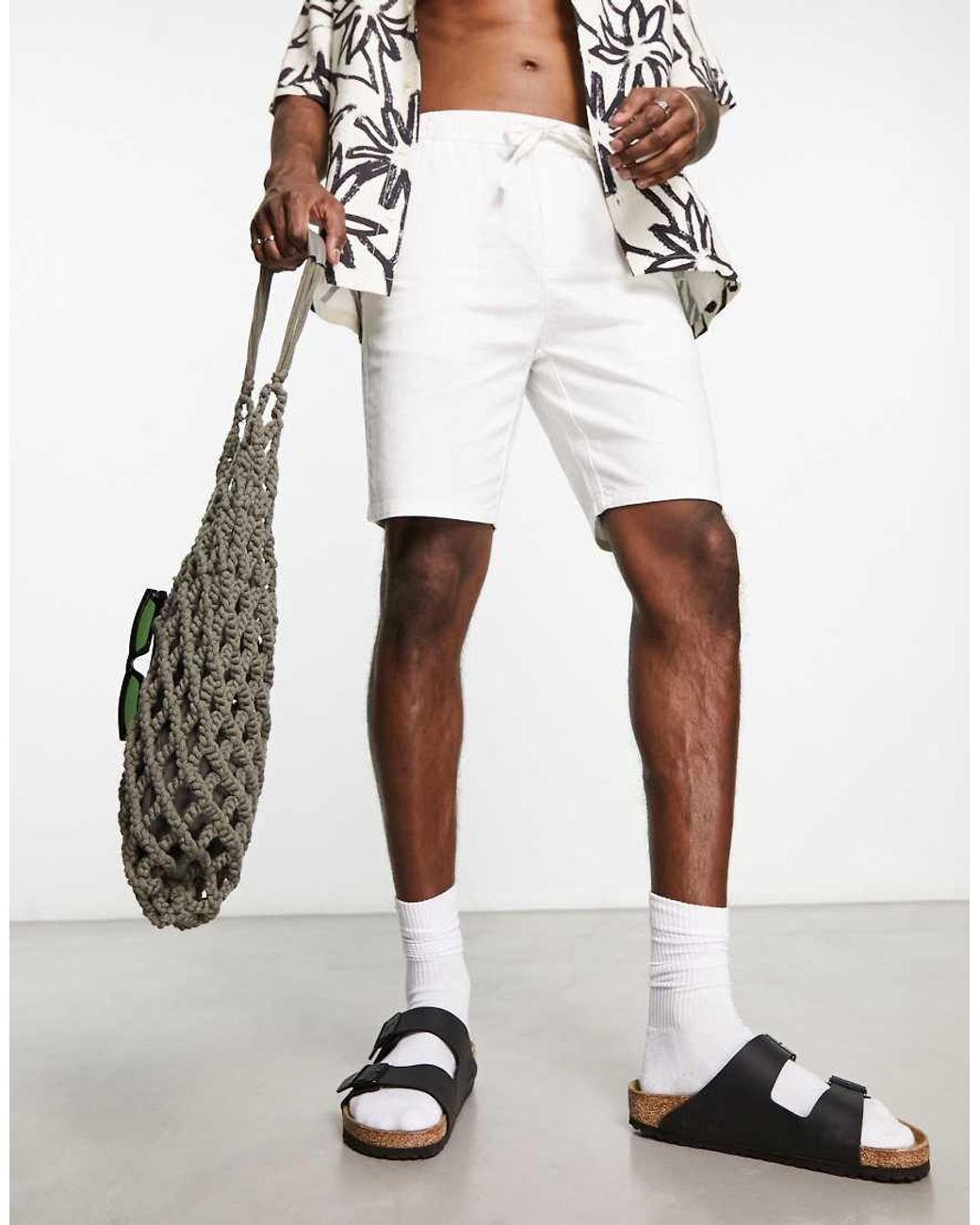Only & Sons White Linen Mix Tie Waist Shorts for men