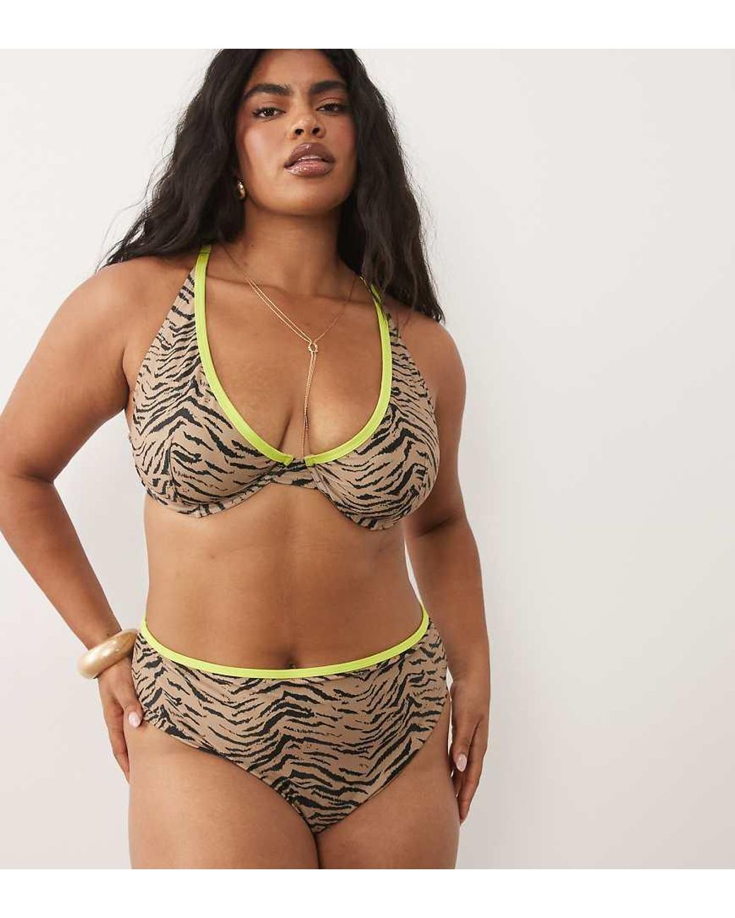 ASOS Brown Asos Design Curve Zaria High Leg High Waist Bikini Bottom With Contrast