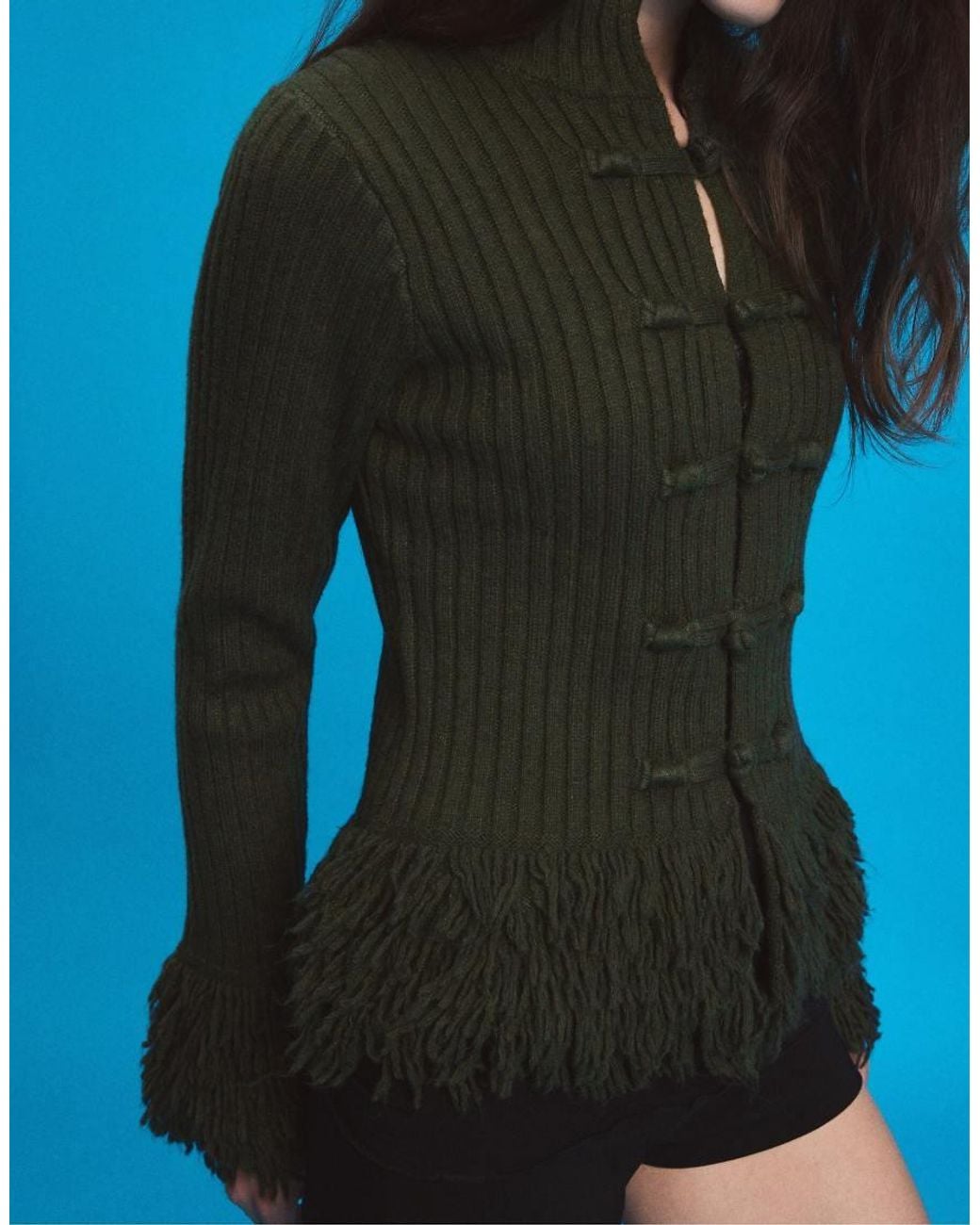 Stradivarius Blue Fringed Knit Cardigan