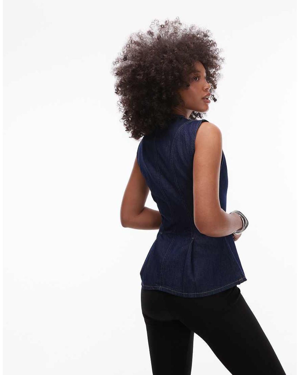 TOPSHOP Blue Denim Pleated Peplum Top