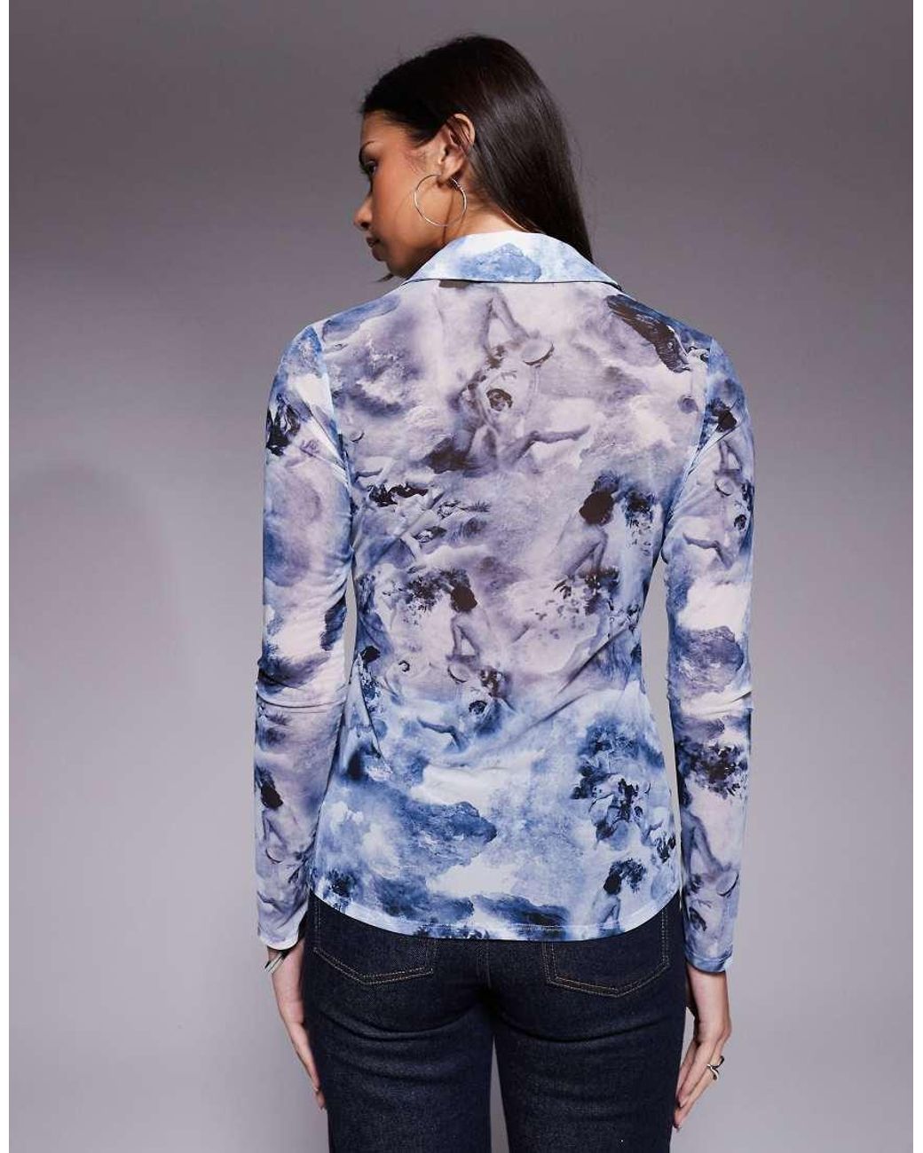 GOOD AMERICAN Blue Mesh Button Up Top