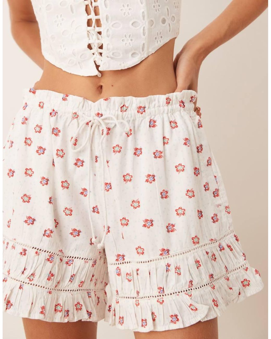 Free People White Printed Pull-On Shorts