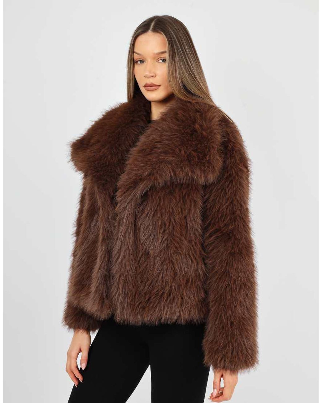 SIMMI Brown Arabella Oversized Collar Faux Fur Coat