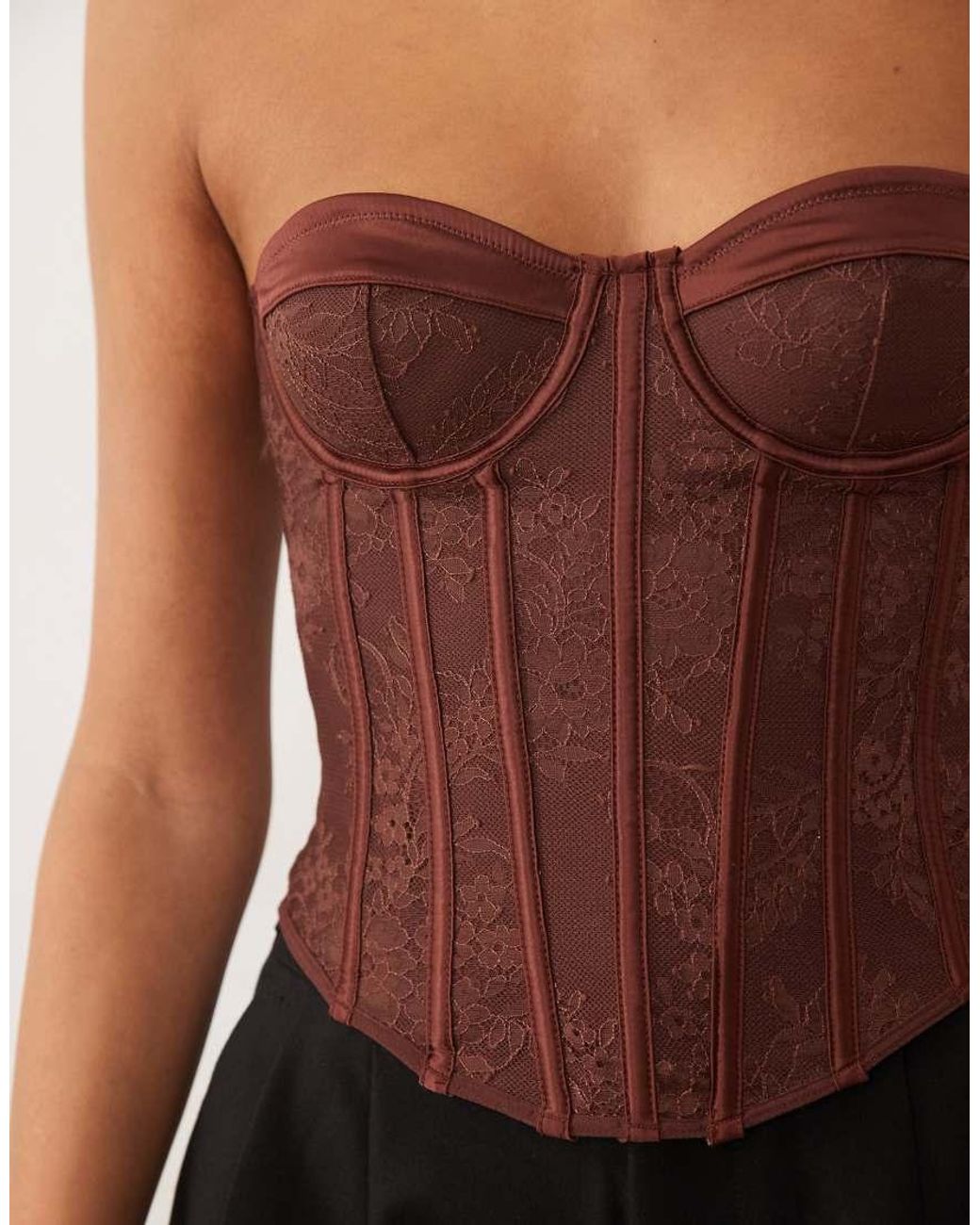 ASOS Brown Lace Mix Detailing Corset Top With Boning