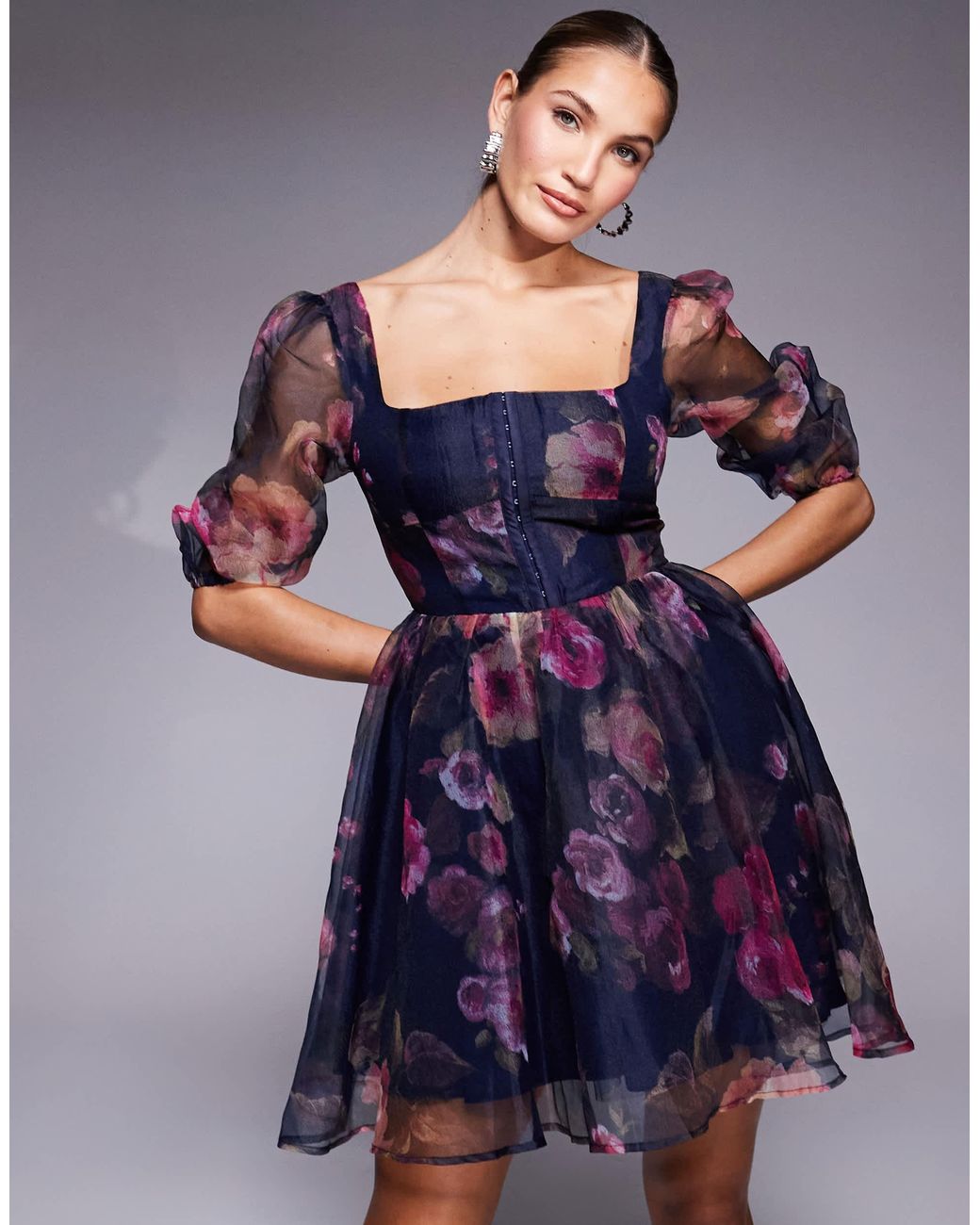 ワンピース [overdueflair] JEWEL STRAP ORGANZA MINI DRESS Texture Floral Organza Mini Dress