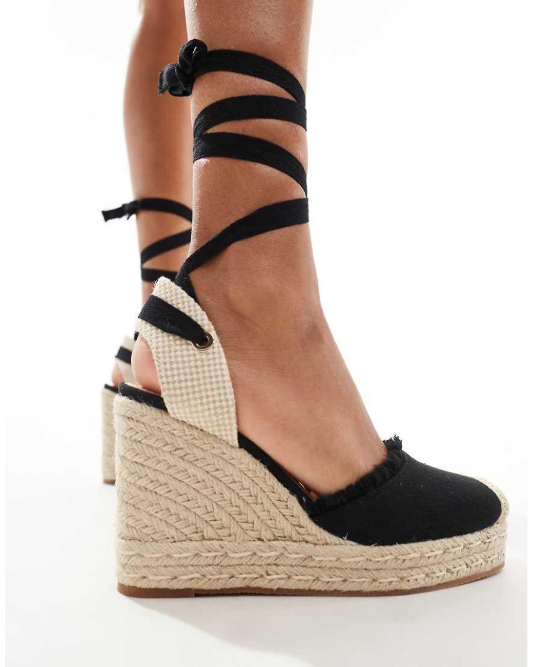Truffle Collection Wide Fit Jute Wedge Strappy Espadrille in Black | Lyst UK