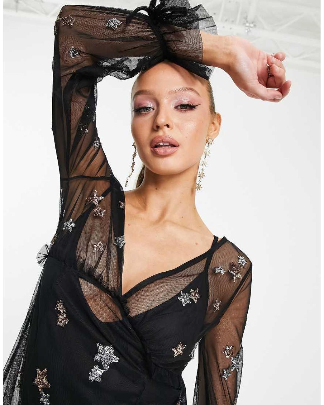 star print sheer dress Plus Size Star Print Maxi Dress - Black