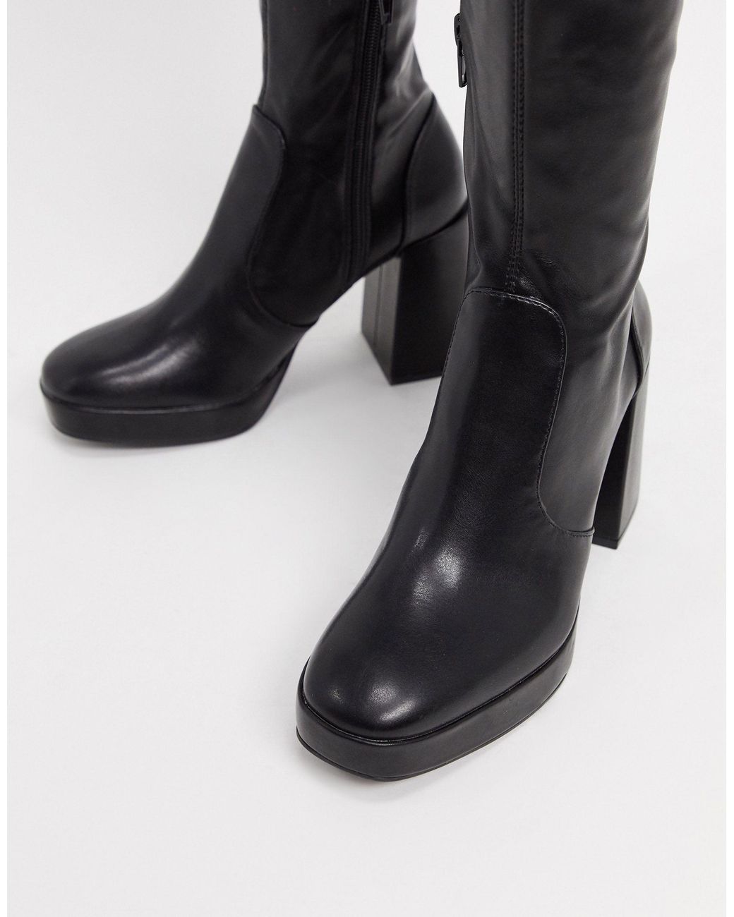 Pull&Bear Platform Heel Knee Boots in Black | Lyst
