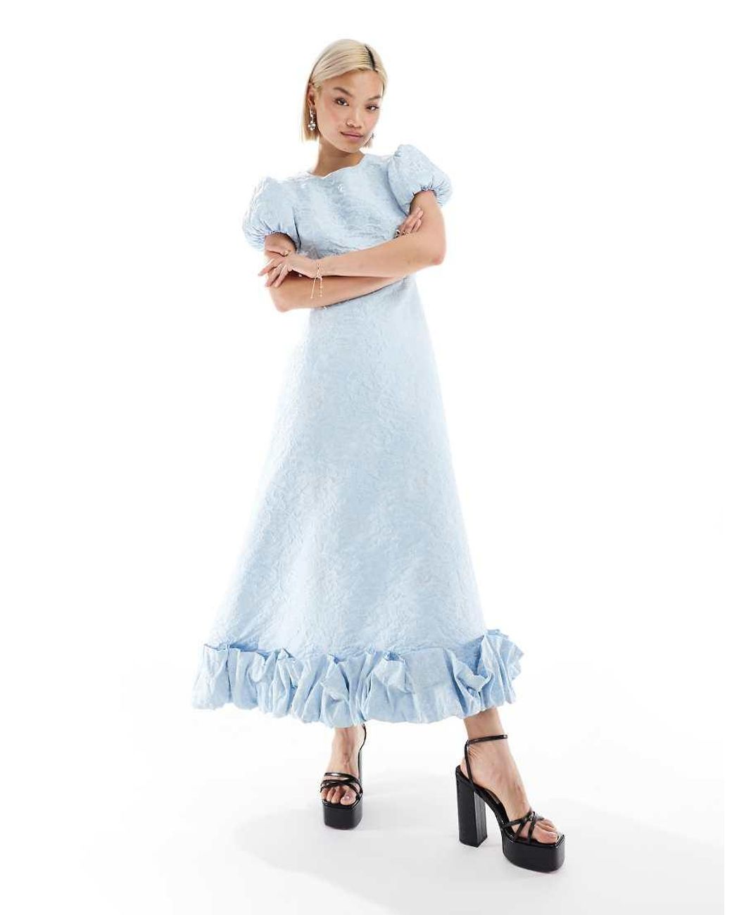 スーツ・フォーマル・ドレス Sister Jane Lucie Ruffle Sleeve Dress Sister Jane Puff Sleeve Ruffle Hem Midaxi Dress in Blue