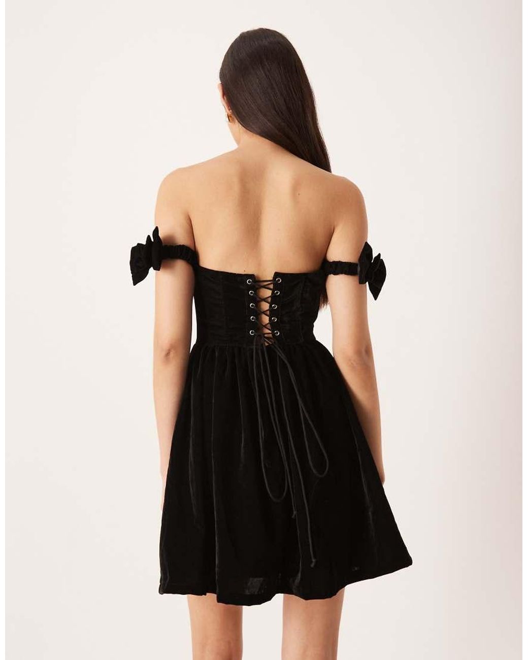 LACE & BEADS Black Velvet Bow Off Shoulder Corset Mini Dress
