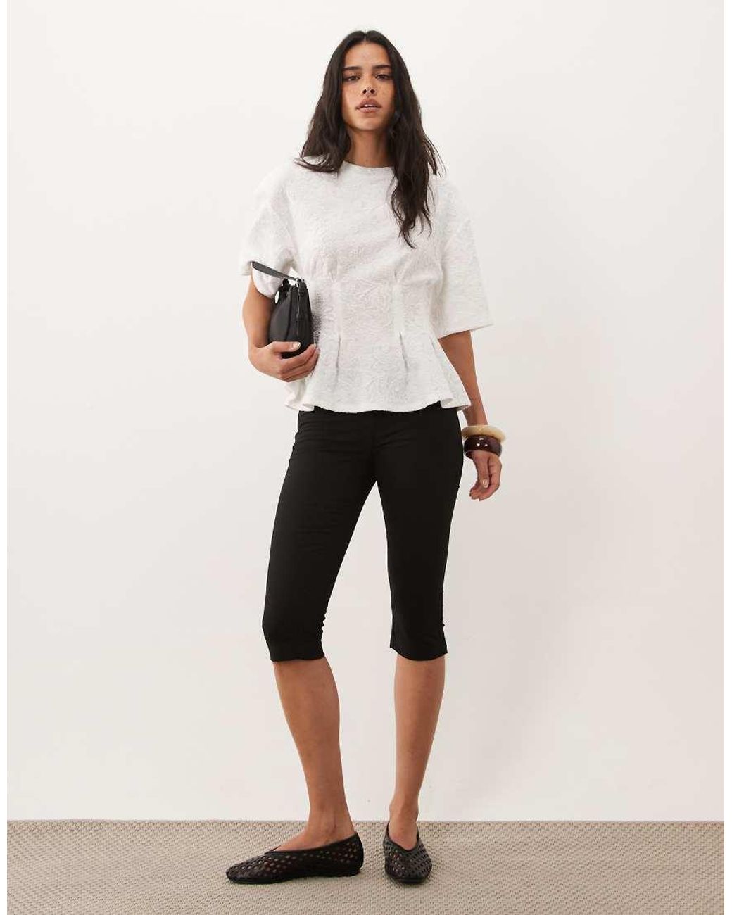 ASOS White Floral Jacquard Pleated Waist T-shirt