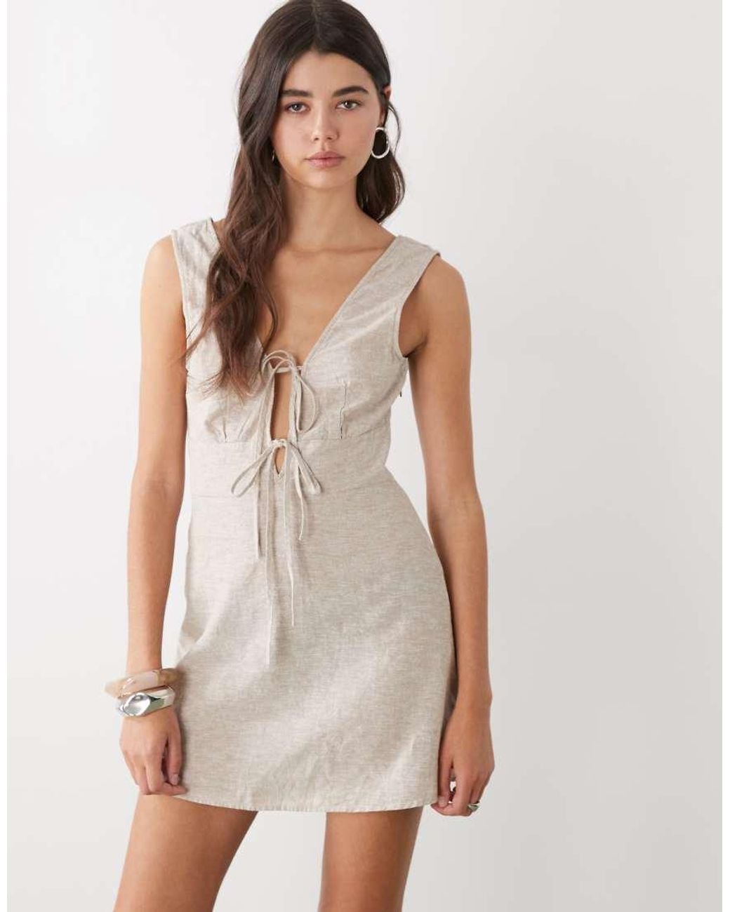 Monki White Linen Blend Tie Front Mini Dress