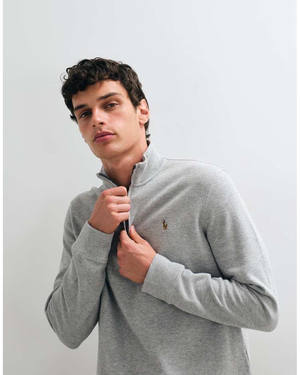Polo Ralph Lauren Gray Icon Logo Estate Rib Quarter Zip Sweatshirt for men