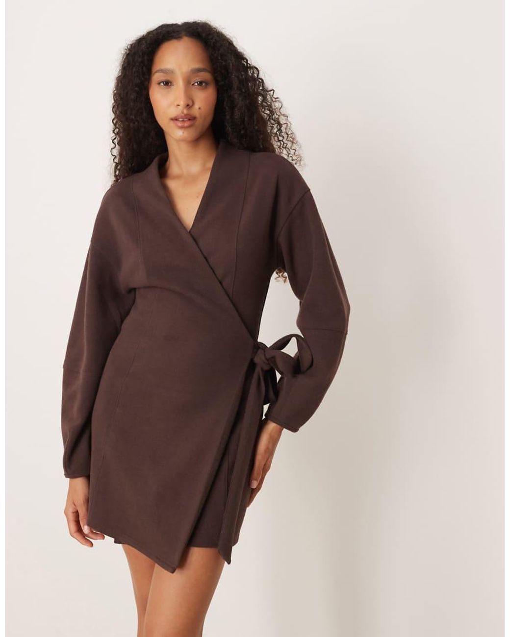 ASOS Brown Supersoft Long Sleeve Wrap Tie Front Mini Dress