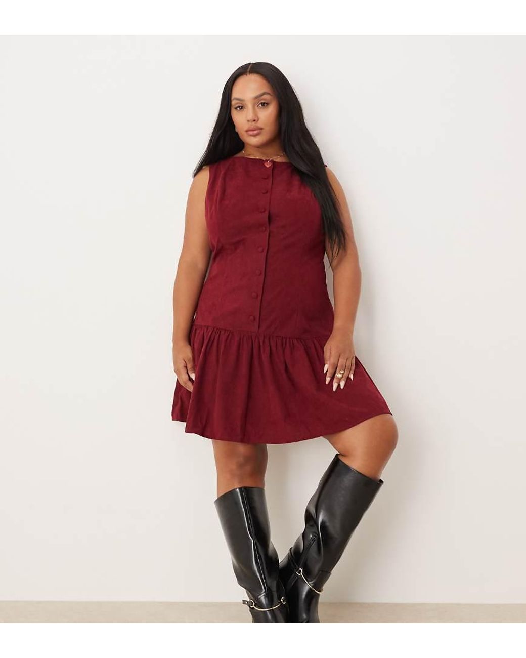 ASOS Red Asos Design Curve Cord Slash Neck Button Down Dropped Waist Mini Dress