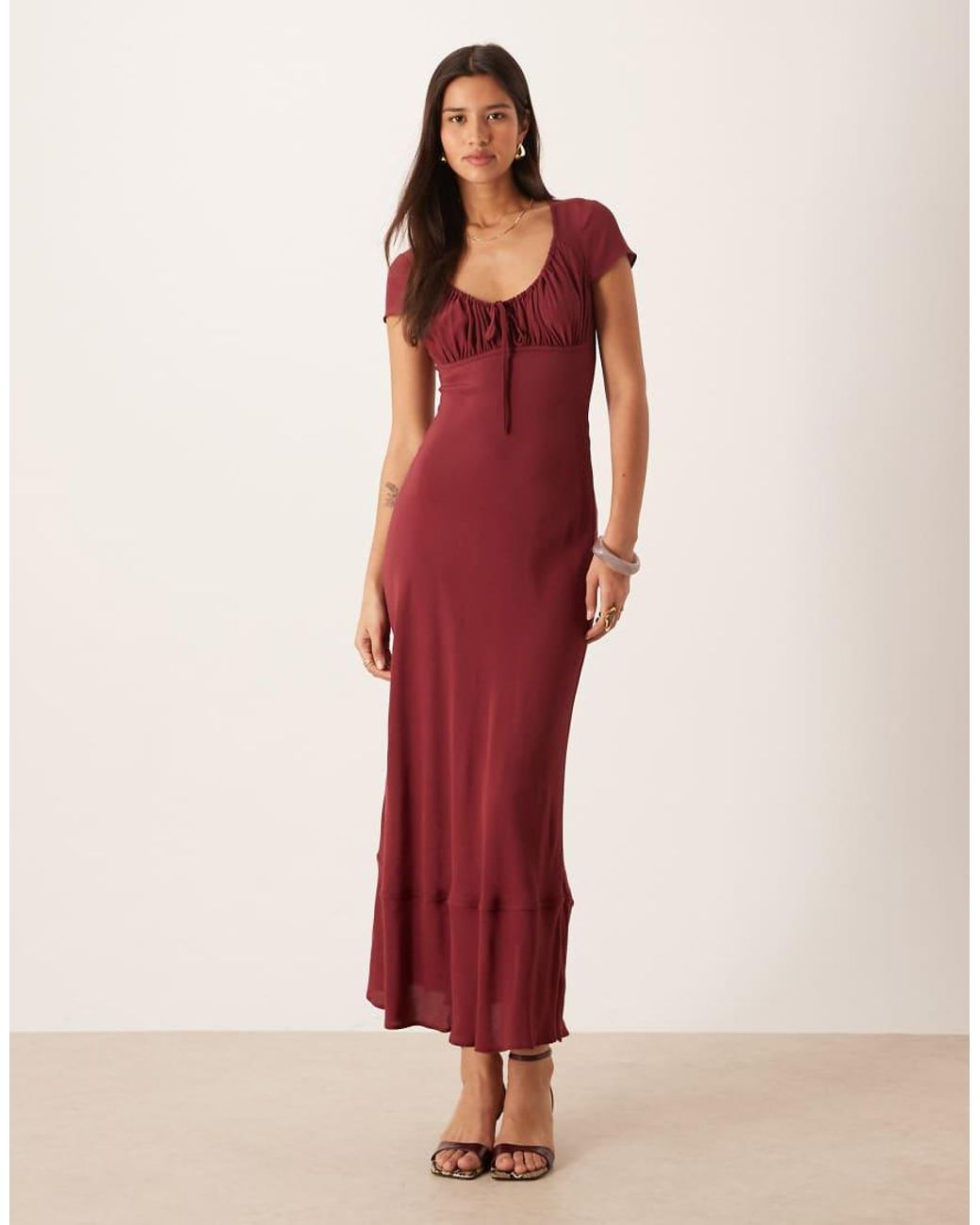ASOS Red Ruched Front Puff Sleeve Maxi Dress