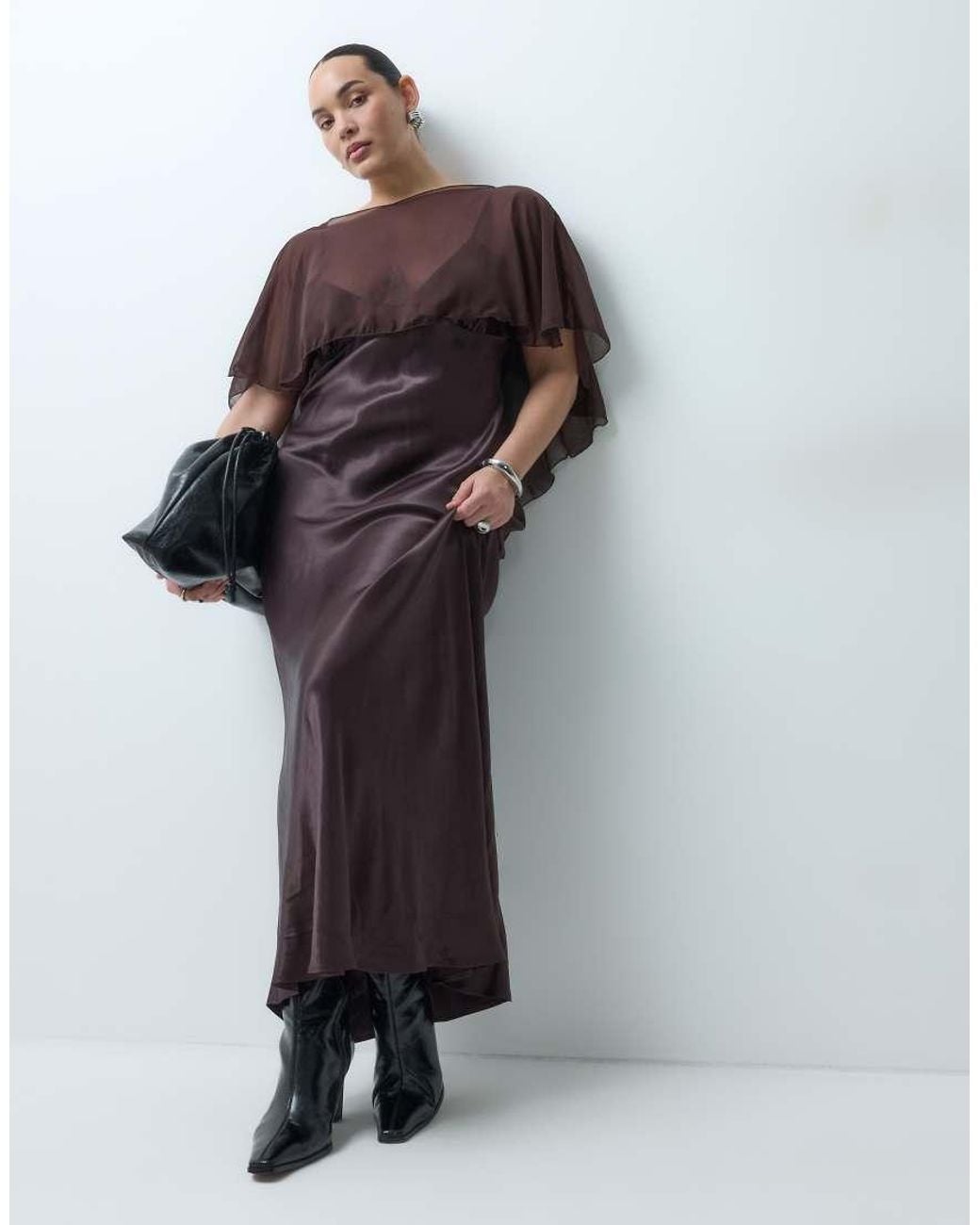 ASOS Brown Asos Design Curve Satin Cape Layer Maxi Dress
