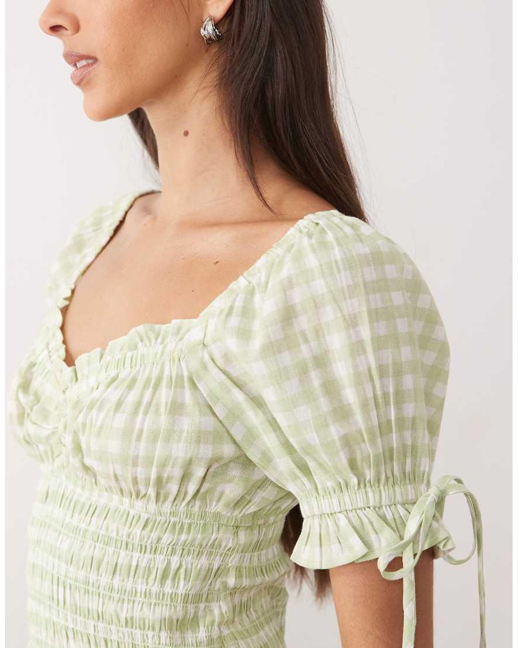Wednesday's Girl Green Co-Ord Balloon Sleeved Shirred Bardot Top