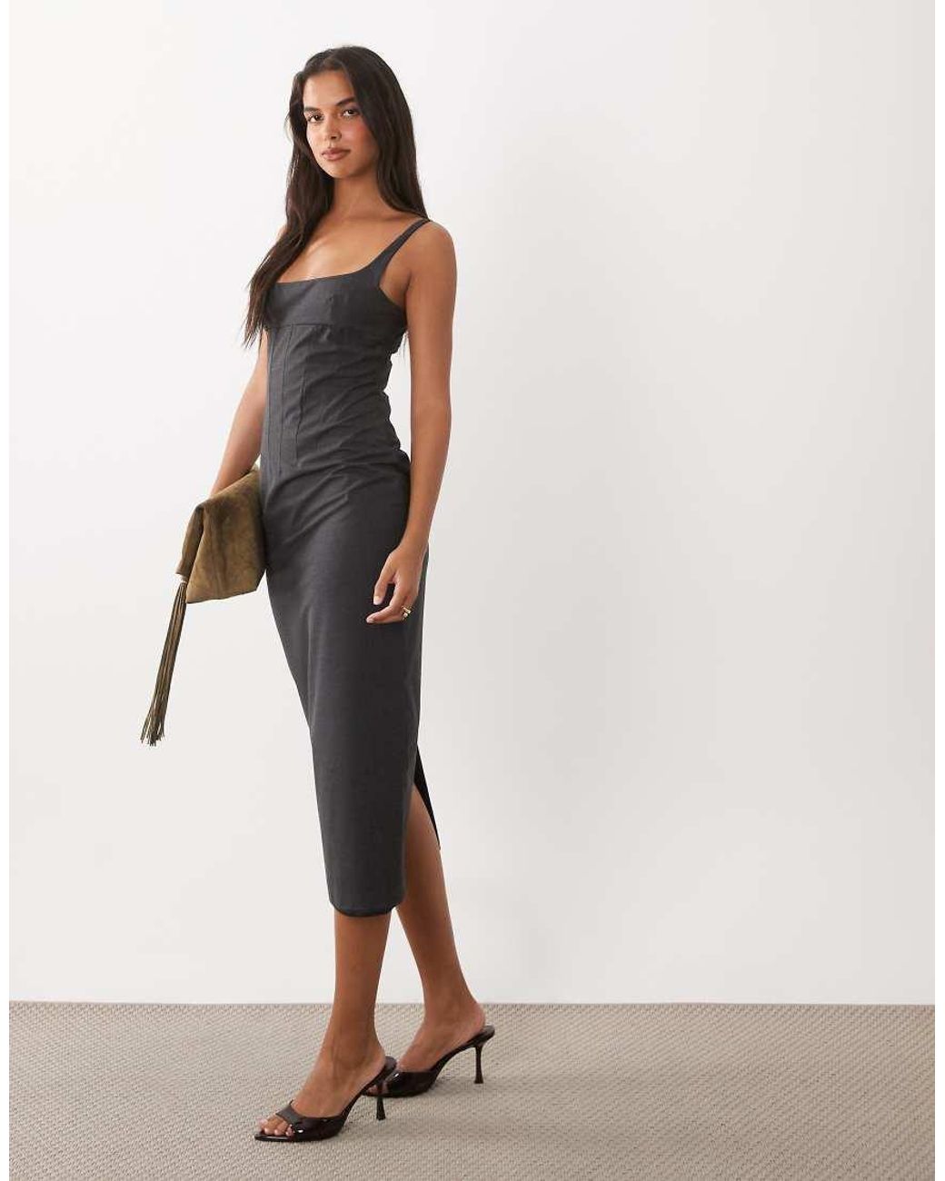 Mango White Scoop Neck Sculpted Midi Dress