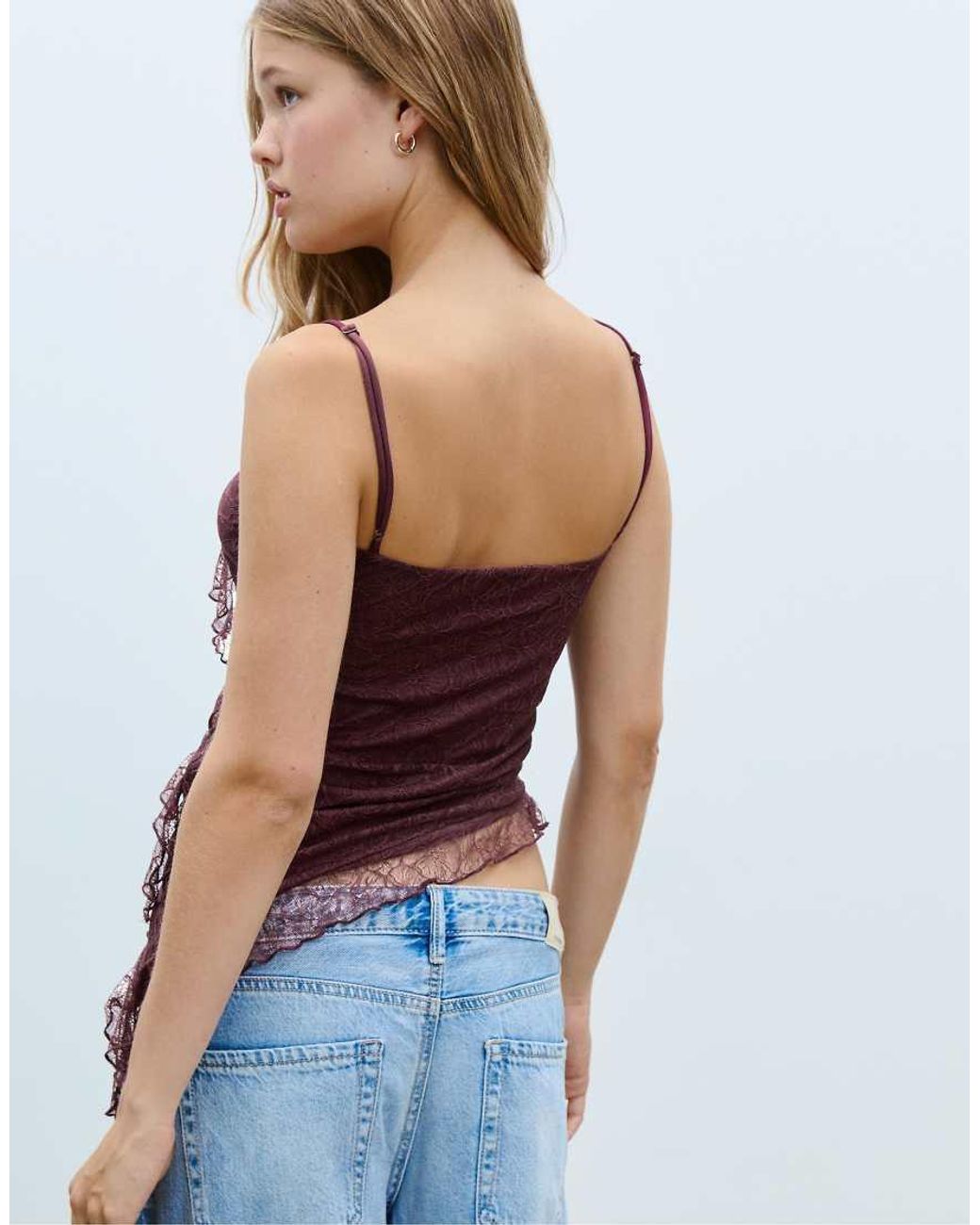 Stradivarius Purple Asymmetric Lace Top With Ruffles