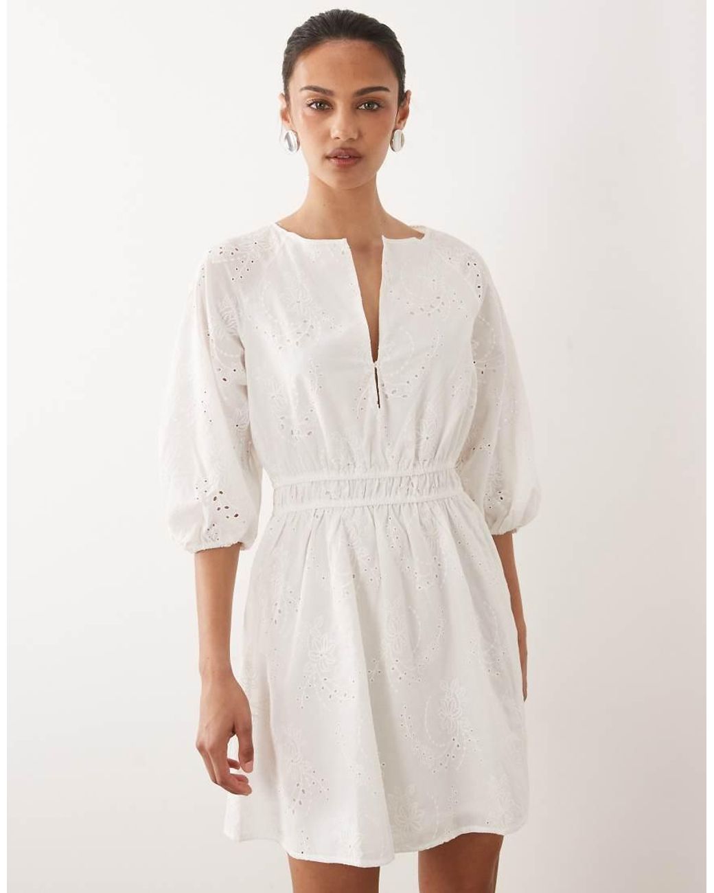 Mango White 100% Cotton Long Sleeve Embroidered Mini Dress