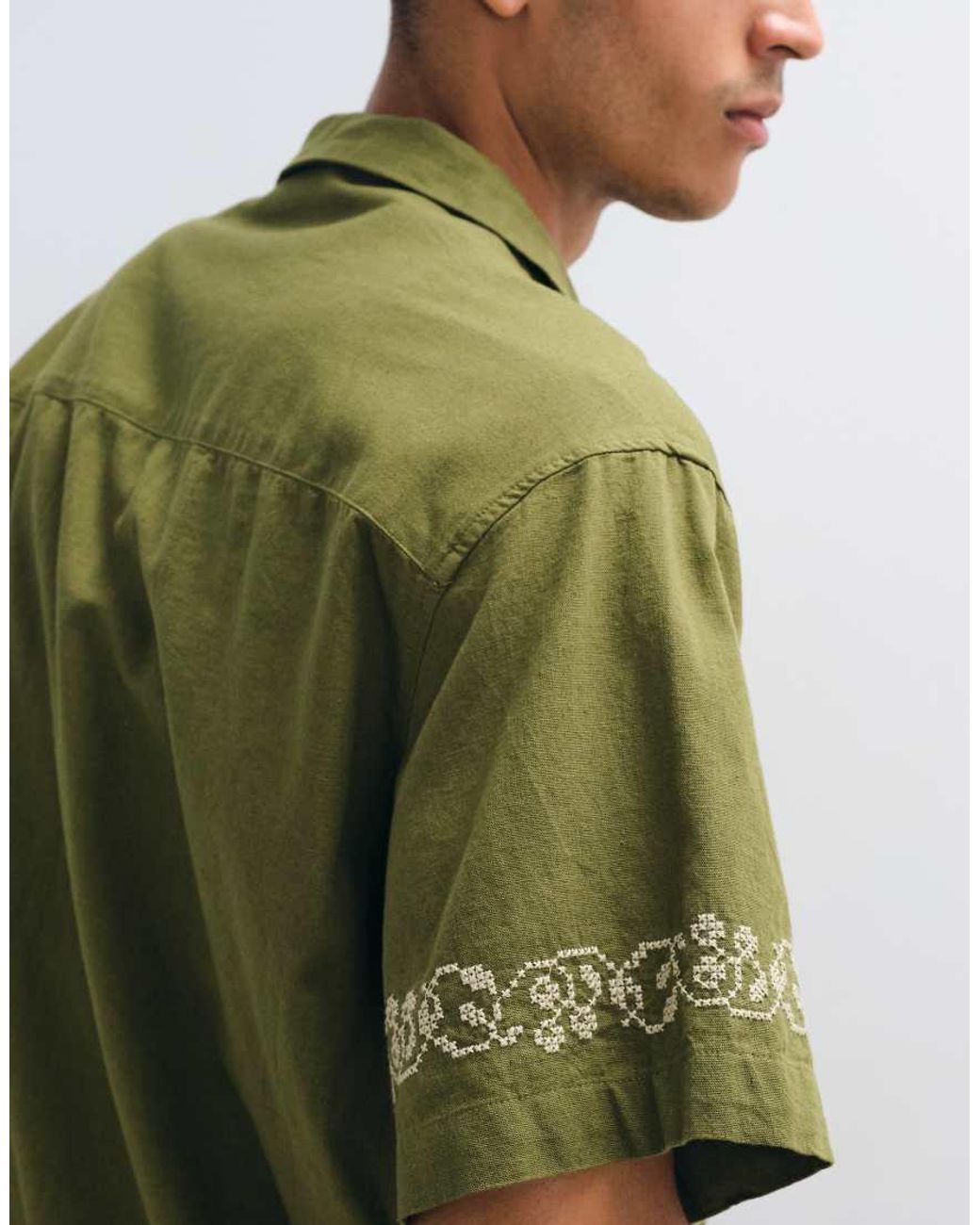 ASOS Green Oversized Shirt With Linen And Cross Stitch Embroidery for men