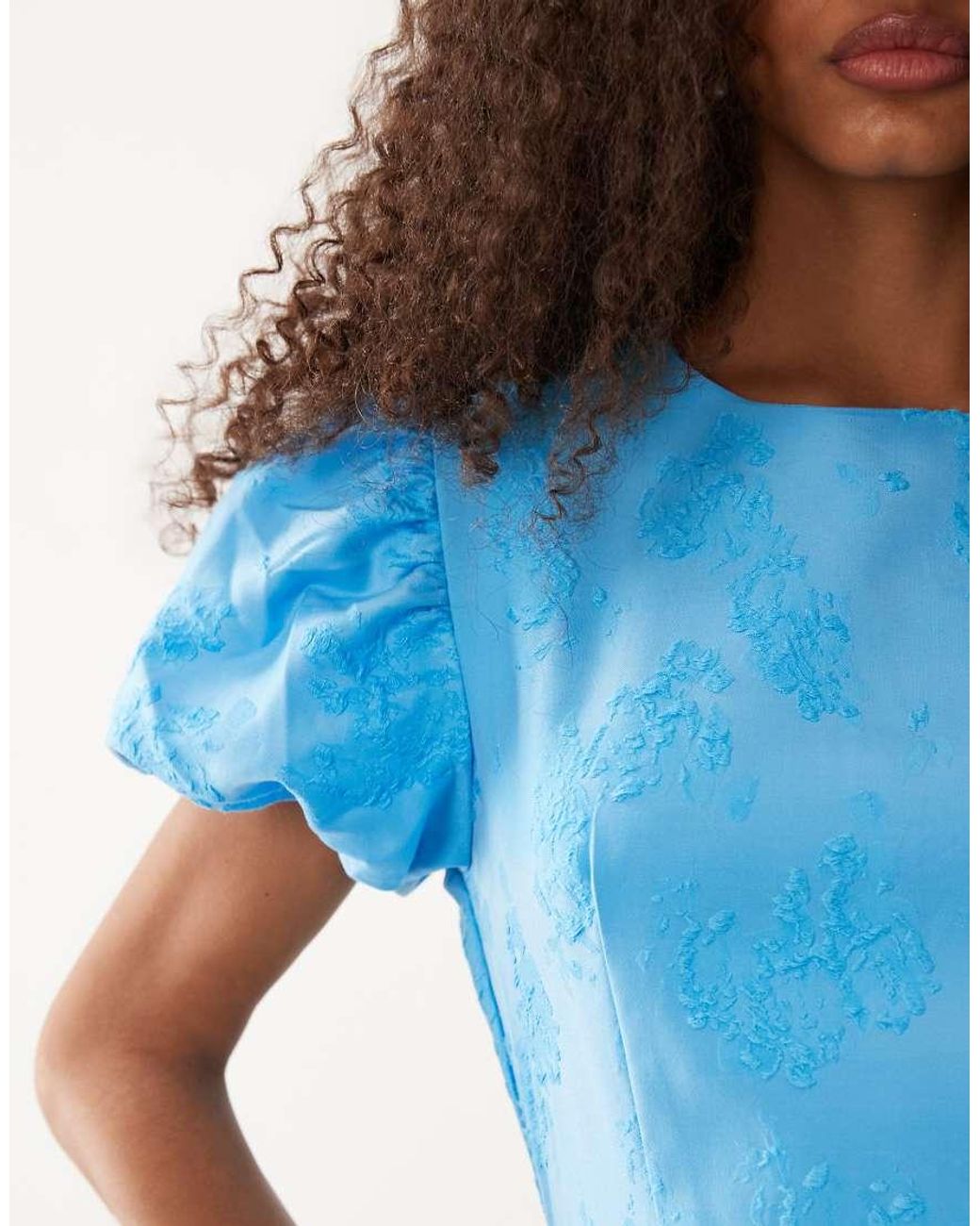 Sister Jane Blue Exclusive Jacquard Puff Sleeve Structured Hem Midi Dress