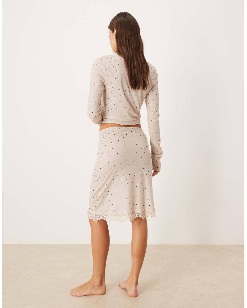 ASOS Natural Honey Slinky Polka Dot Midi Skirt With Lace Trim