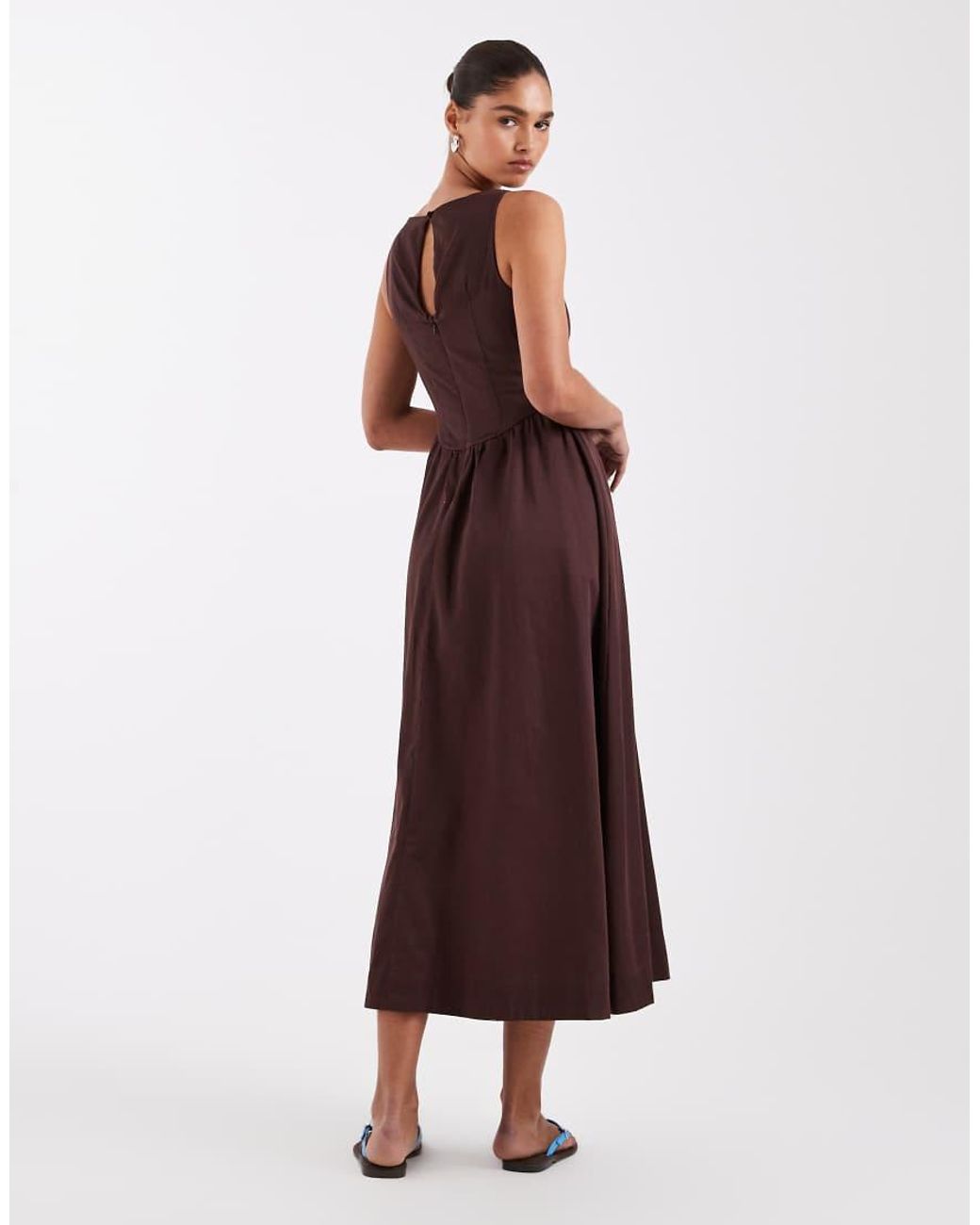 ASOS Brown Waisted V Neck Maxi Dress With Seaming Details