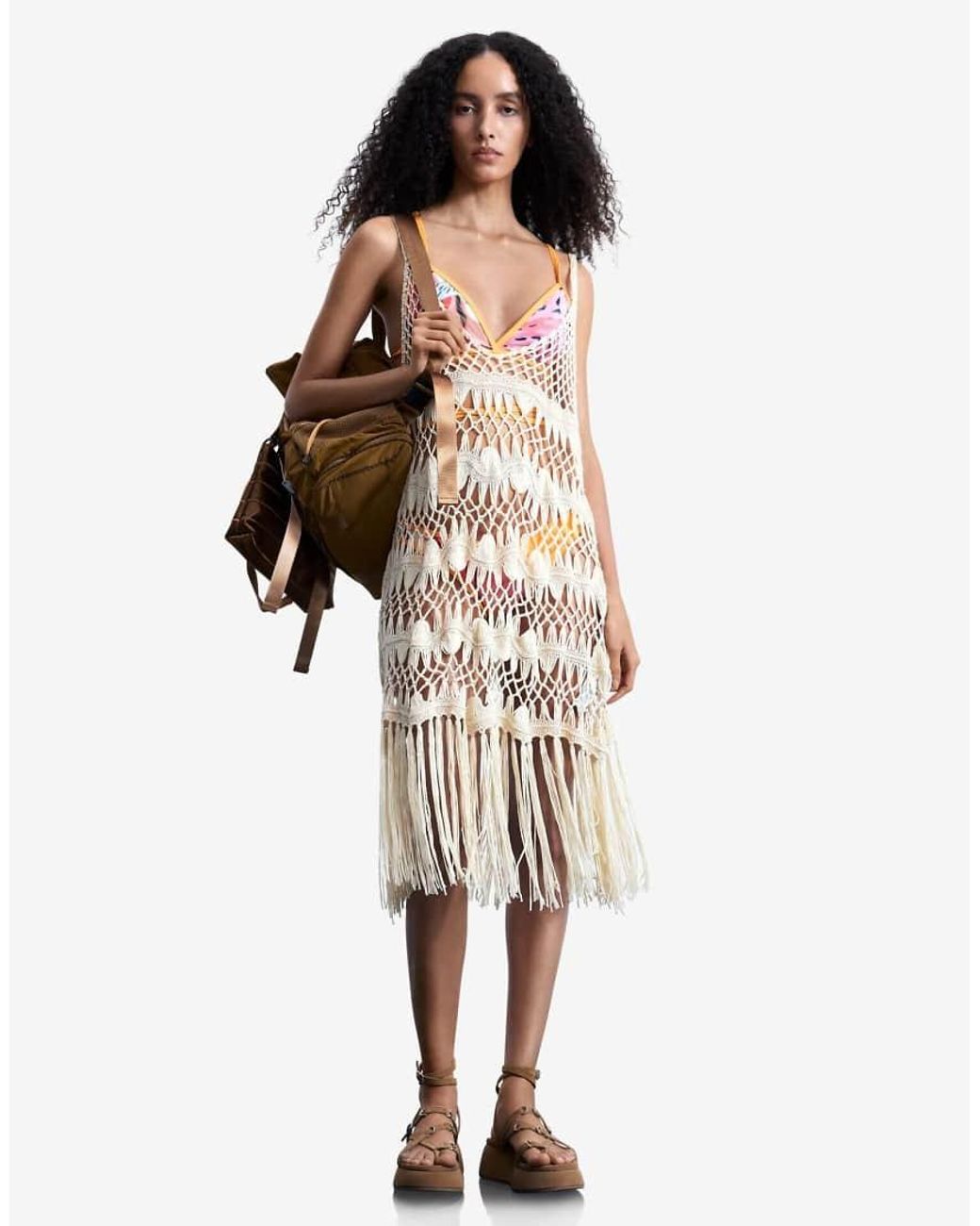 Desigual Natural Crochet Sarong With Appliques